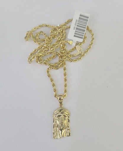 10k Rope Chain Jesus Head Pendant 18" - 30" Yellow Gold Set Charm Necklace 3mm - GoldenlinQ
