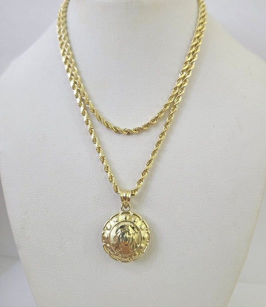 10k Rope Chain Jesus Virgin Mary Pendant Two Side 18" - 30" Set Charm Necklace - GoldenlinQ