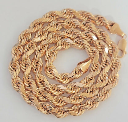 10k Rope Chain Solid Rose Gold Necklace 22 inch 7mm Diamond Cut Mens Heavy REAL - Reva Jeweler