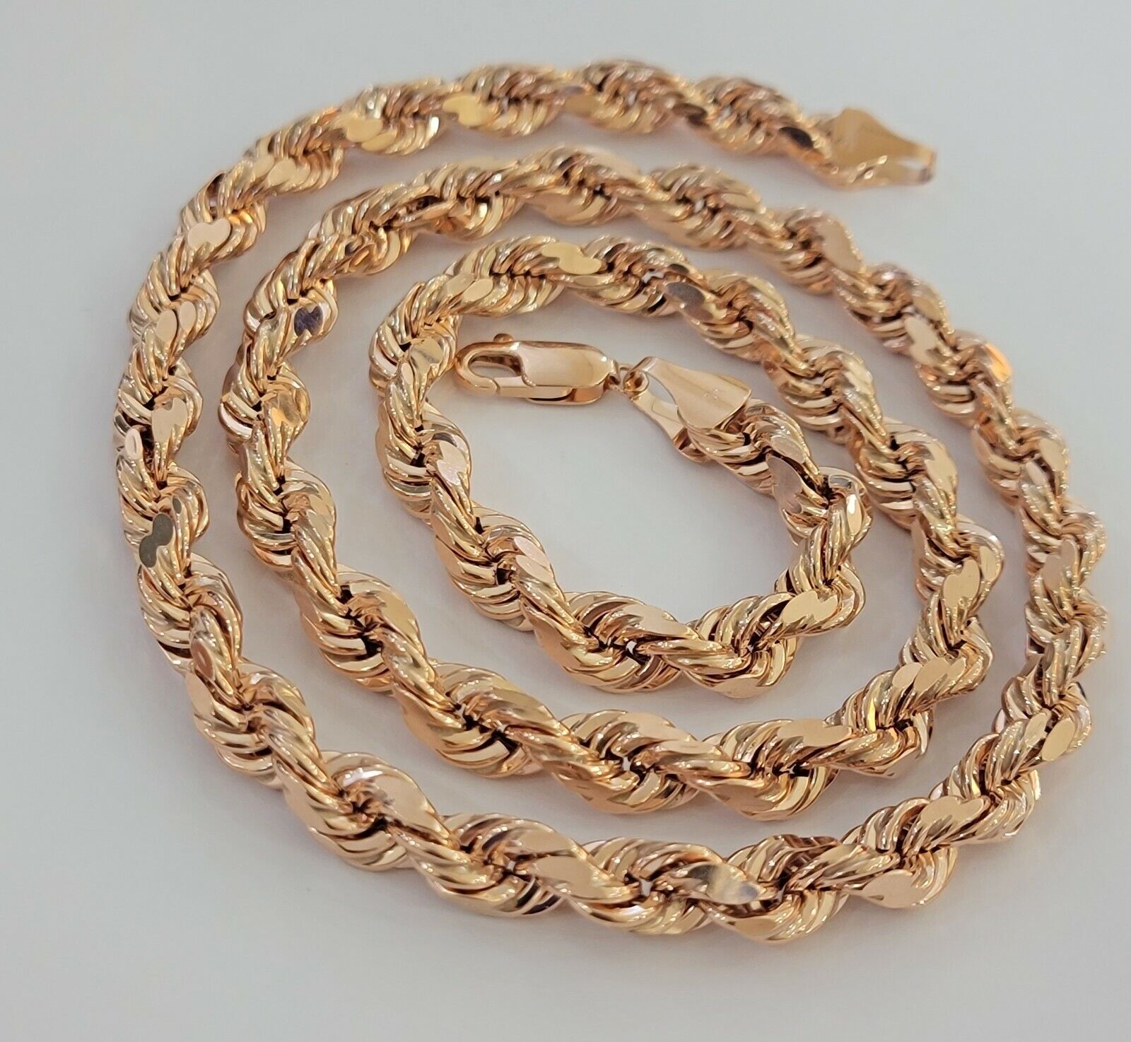 10k Rope Chain Solid Rose Gold Necklace 22 inch 7mm Diamond Cut Mens Heavy REAL - Reva Jeweler