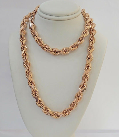 10k Rope Chain Solid Rose Gold Necklace 22 inch 7mm Diamond Cut Mens Heavy REAL - Reva Jeweler