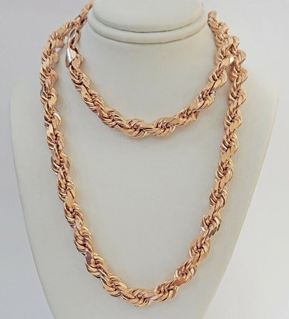 10k Rope Chain Solid Rose Gold Necklace 22 inch 7mm Diamond Cut Mens Heavy REAL - Reva Jeweler