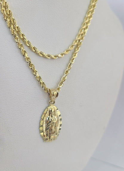 10k Rope Chain Virgin Mary Pendant 18" - 30" Yellow Gold Set Charm Necklace 3mm - GoldenlinQ
