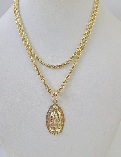 10k Rope Chain Virgin Mary Pendant 18" - 30" Yellow Gold Set Charm Necklace 3mm - GoldenlinQ