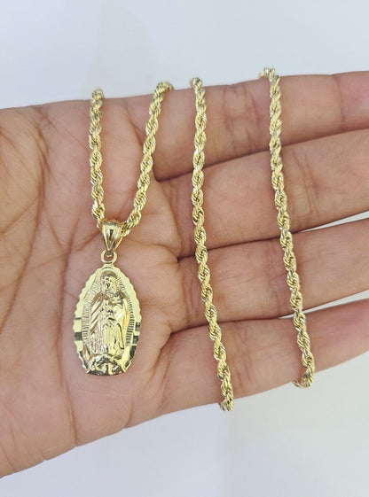 10k Rope Chain Virgin Mary Pendant 18" - 30" Yellow Gold Set Charm Necklace 3mm - GoldenlinQ