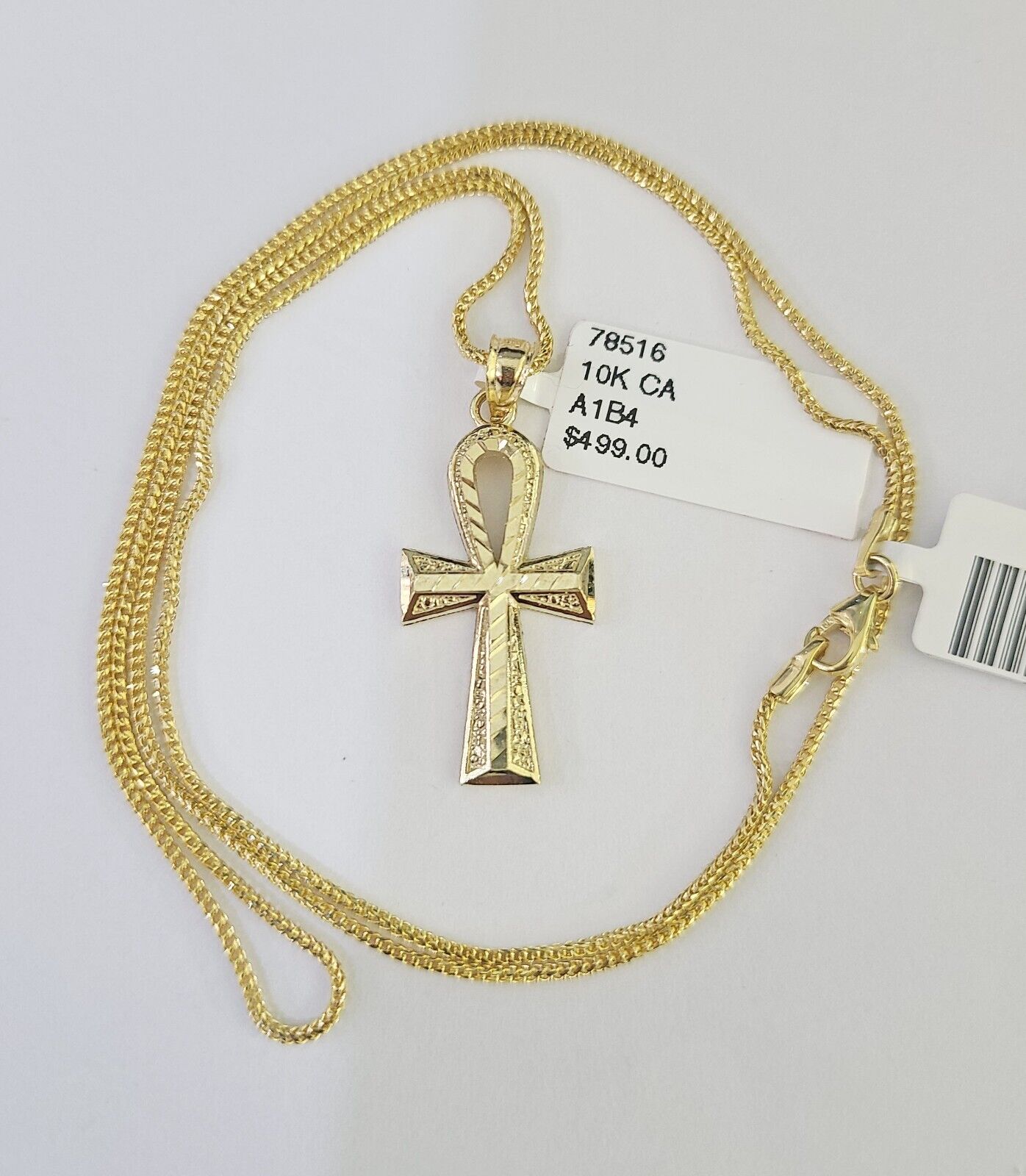 10K Solid Franco Chain Ankh Cross Pendant Charm Necklace 18" - 24" 1.5mm Gold - GoldenlinQ