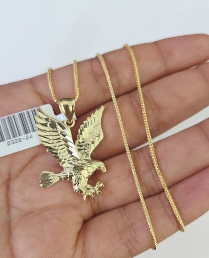 10K Solid Franco Chain Eagle Pendant Charm Necklace 18" - 24" 1.5mm Yellow Gold - GoldenlinQ