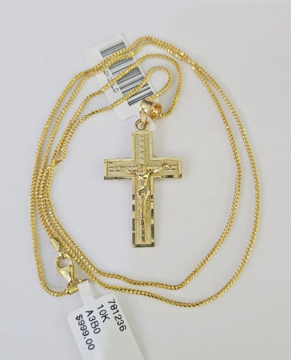 10K Solid Franco Chain Jesus Cross Pendant Charm Necklace 18" - 24" 1.5mm Gold - GoldenlinQ