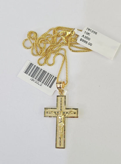10K Solid Franco Chain Jesus Cross Pendant Charm Necklace 18" - 24" 1.5mm Gold - GoldenlinQ