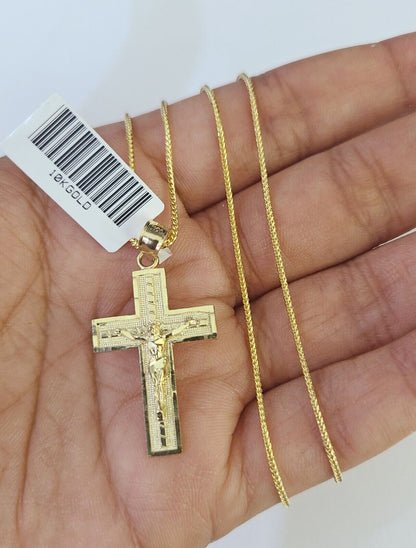 10K Solid Franco Chain Jesus Cross Pendant Charm Necklace 18" - 24" 1.5mm Gold - GoldenlinQ