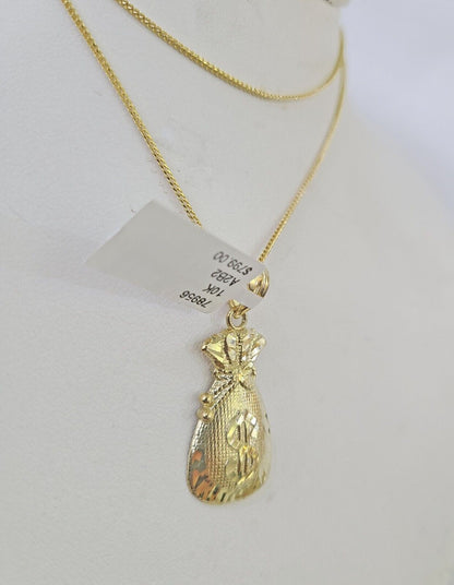 10K Solid Franco Chain Money Bag Pendant Dollar Charm Necklace 18" - 24" 1.5mm - GoldenlinQ