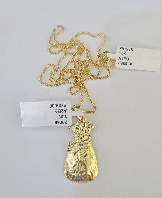 10K Solid Franco Chain Money Bag Pendant Dollar Charm Necklace 18" - 24" 1.5mm - GoldenlinQ