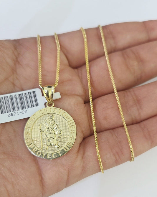 10K Solid Franco Chain Saint Cristopher Pendant Charm Necklace 18" - 24" 1.5mm - GoldenlinQ
