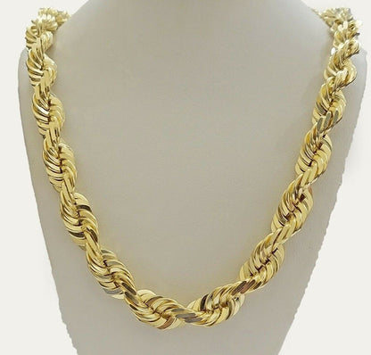 10K Solid Gold Rope Chain Mens Necklace 14mm Length 22" 24" 26" 28" 30" - Reva Jeweler