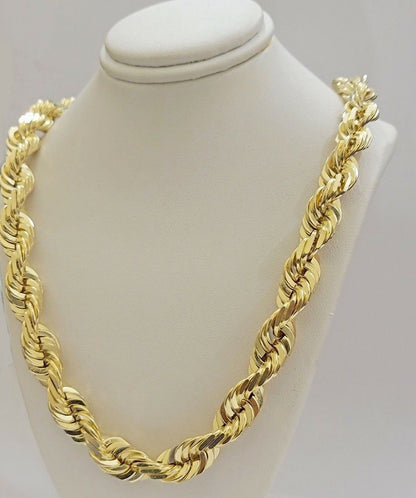 10K Solid Gold Rope Chain Mens Necklace 14mm Length 22" 24" 26" 28" 30" - Reva Jeweler