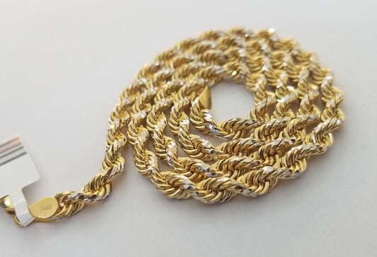 10k Solid Gold Rope Chain Necklace Real 10k Yellow Gold Diamond Cuts 5mm 20" Men - Reva Jeweler