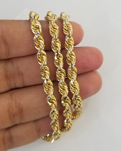 10k Solid Gold Rope Chain Necklace Real 10k Yellow Gold Diamond Cuts 5mm 20" Men - Reva Jeweler