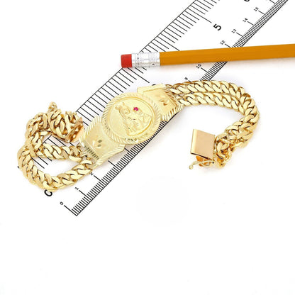 10k Solid Gold Saint Barbara Bracelet Cuban Link 8.25inch Box Lock Oro Brazalete - Reva Jeweler