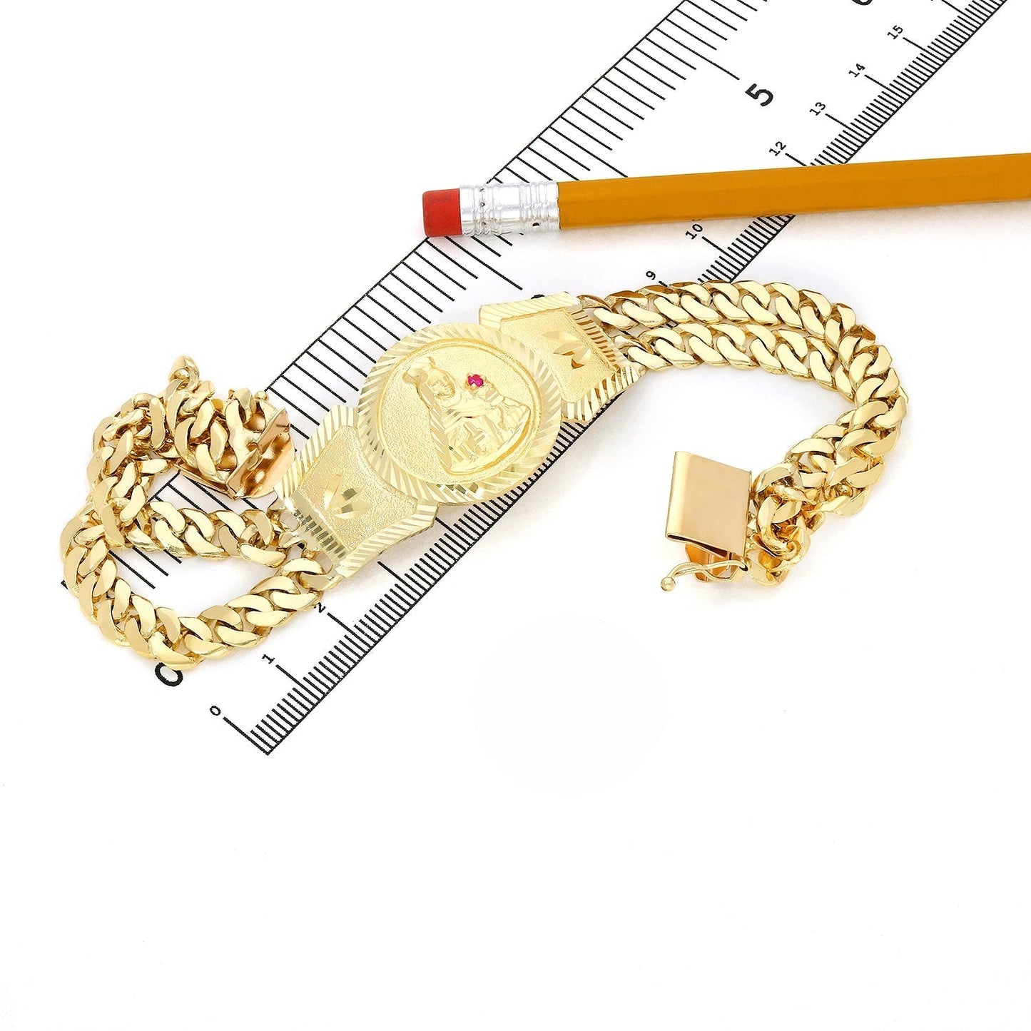 10k Solid Gold Saint Barbara Bracelet Cuban Link 8.25inch Box Lock Oro Brazalete - GoldenlinQ