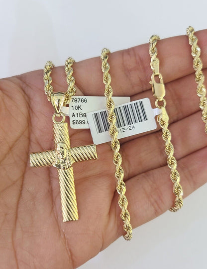 10k Solid Rope Chain 3mm Jesus Cross Pendant Charm Necklace SET 18 - 28 in - GoldenlinQ