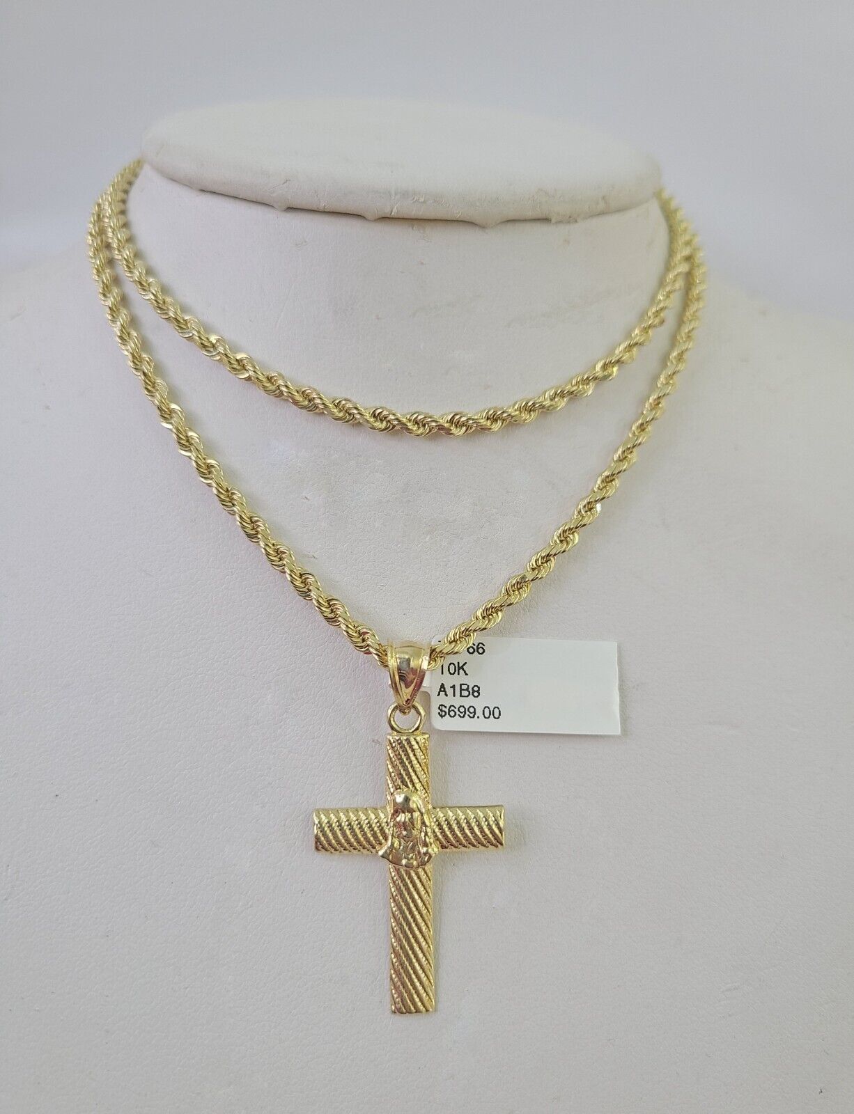10k Solid Rope Chain 3mm Jesus Cross Pendant Charm Necklace SET 18 - 28 in - GoldenlinQ