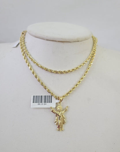 10k Solid Rope Chain 3mm Jesus Full Body Pendant Charm Necklace SET 18 - 28 in - GoldenlinQ