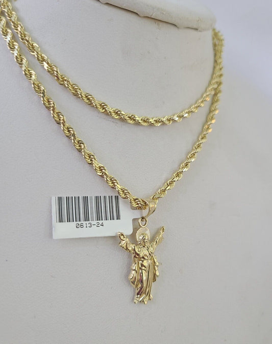 10k Solid Rope Chain 3mm Jesus Full Body Pendant Charm Necklace SET 18 - 28 in - GoldenlinQ