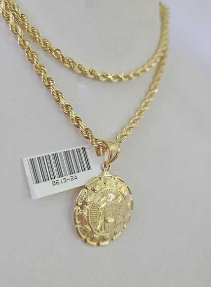 10k Solid Rope Chain 3mm Jesus Head Pendant Charm Necklace SET 18 - 28 in - GoldenlinQ