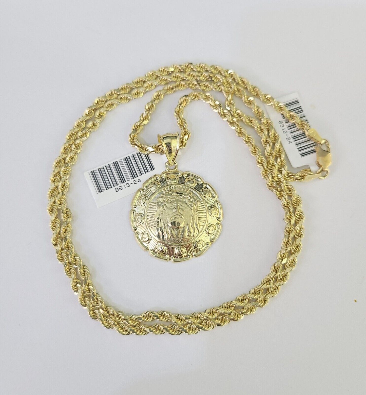10k Solid Rope Chain 3mm Jesus Head Pendant Charm Necklace SET 18 - 28 in - GoldenlinQ