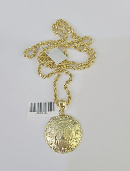 10k Solid Rope Chain 3mm Jesus Head Pendant Charm Necklace SET 18 - 28 in - GoldenlinQ