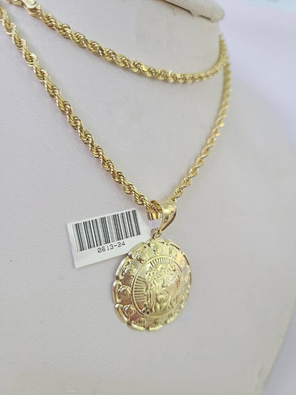 10k Solid Rope Chain 3mm Jesus Head Pendant Charm Necklace SET 18 - 28 in - GoldenlinQ