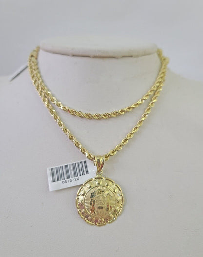 10k Solid Rope Chain 3mm Jesus Head Pendant Charm Necklace SET 18 - 28 in - GoldenlinQ