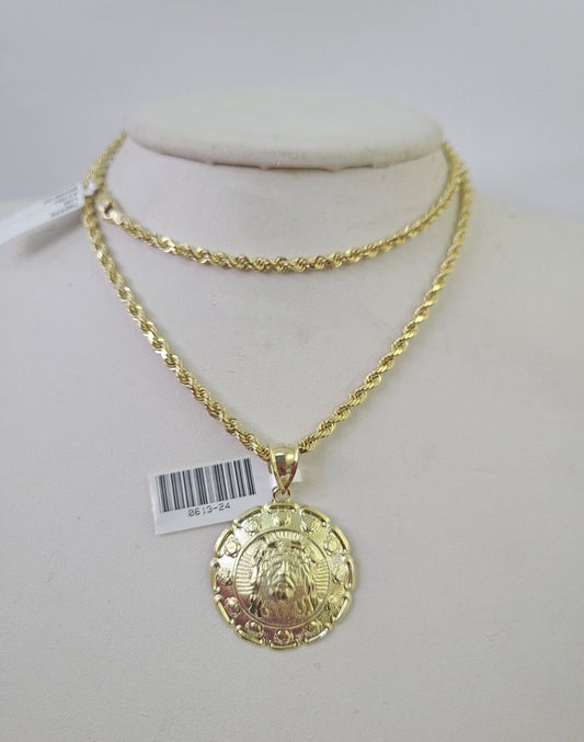 10k Solid Rope Chain 3mm Jesus Head Pendant Charm Necklace SET 18 - 28 in - GoldenlinQ