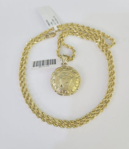 10k Solid Rope Chain 3mm Jesus Virgin Mary Pendant Two Side Necklace 18 - 28 in - GoldenlinQ