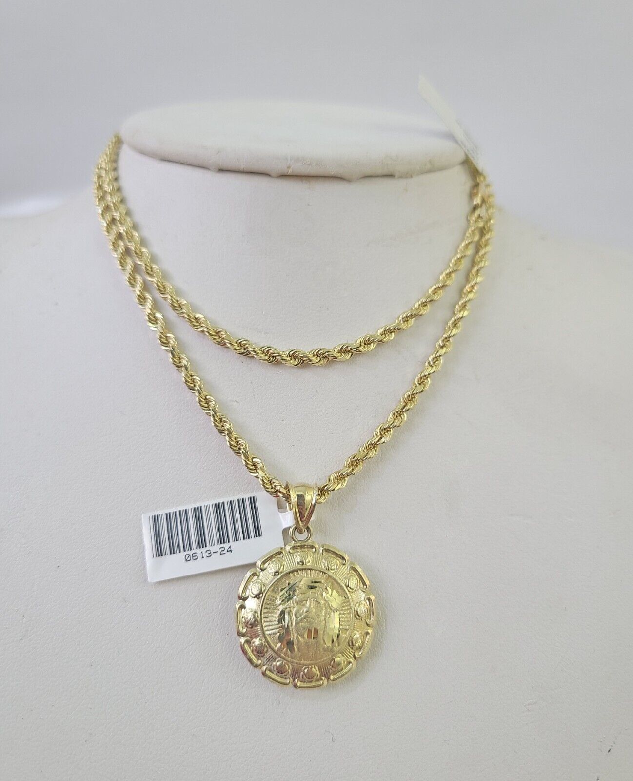 10k Solid Rope Chain 3mm Jesus Virgin Mary Pendant Two Side Necklace 18 - 28 in - GoldenlinQ
