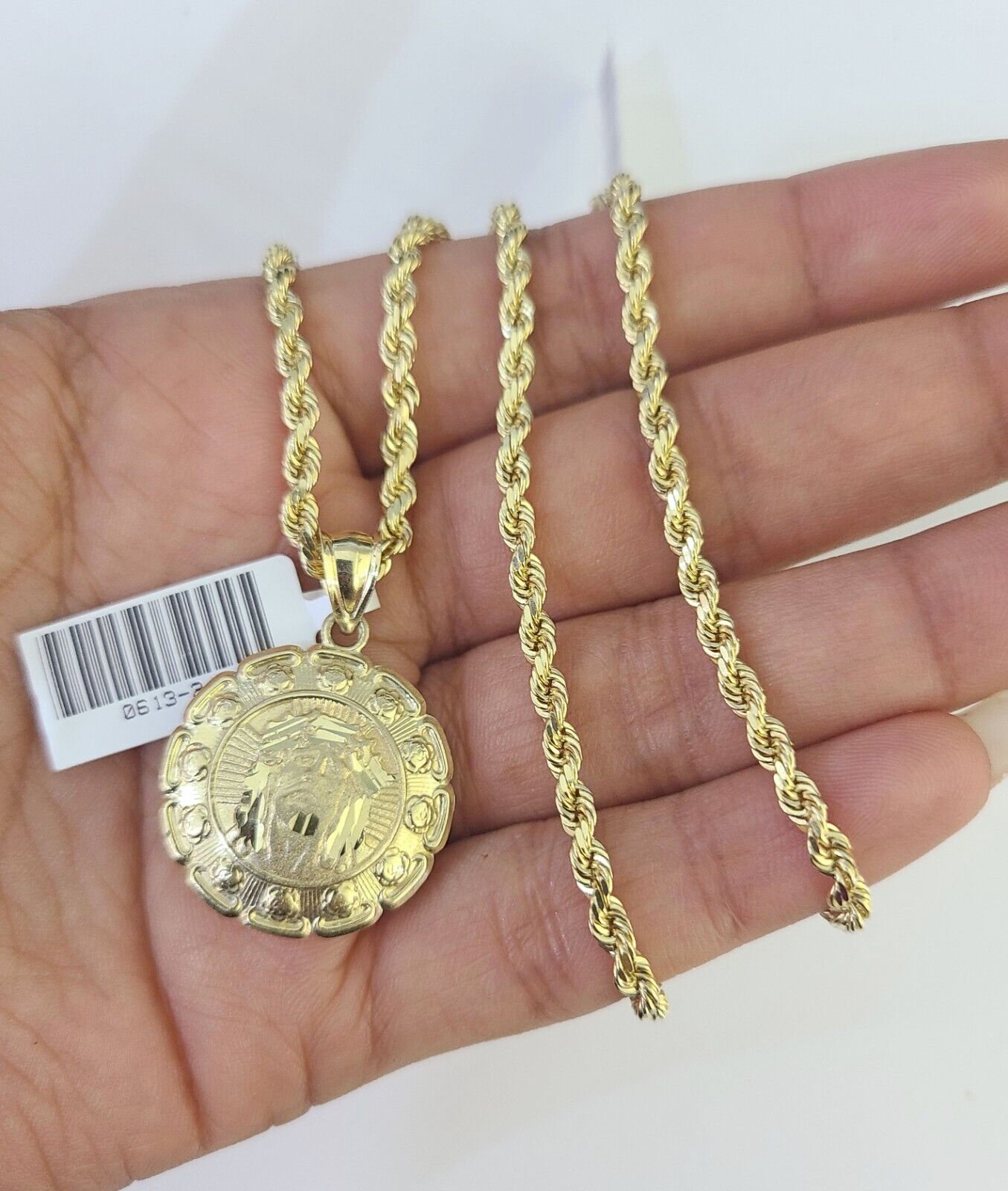 10k Solid Rope Chain 3mm Jesus Virgin Mary Pendant Two Side Necklace 18 - 28 in - GoldenlinQ