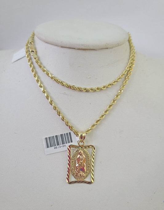 10k Solid Rope Chain 3mm Virgin Mary Pendant Charm Necklace SET 18 - 28 in - GoldenlinQ
