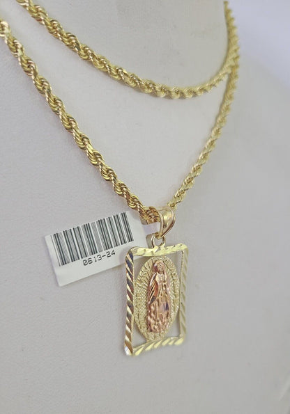 10k Solid Rope Chain 3mm Virgin Mary Pendant Charm Necklace SET 18 - 28 in - GoldenlinQ