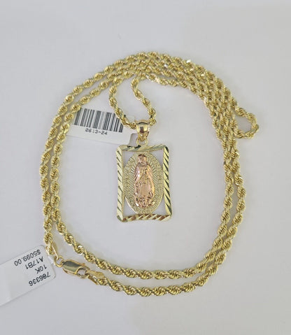 10k Solid Rope Chain 3mm Virgin Mary Pendant Charm Necklace SET 18 - 28 in - GoldenlinQ