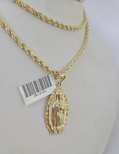 10k Solid Rope Chain 3mm Virgin Mary Pendant Charm Necklace SET 18 - 28 in - GoldenlinQ
