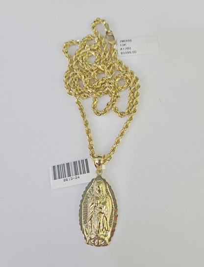10k Solid Rope Chain 3mm Virgin Mary Pendant Charm Necklace SET 18 - 28 in - GoldenlinQ