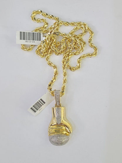 10k Solid Rope Chain Boxing Gloves Charm Diamond Set 4mm 20" - 28" Necklace Gold - GoldenlinQ