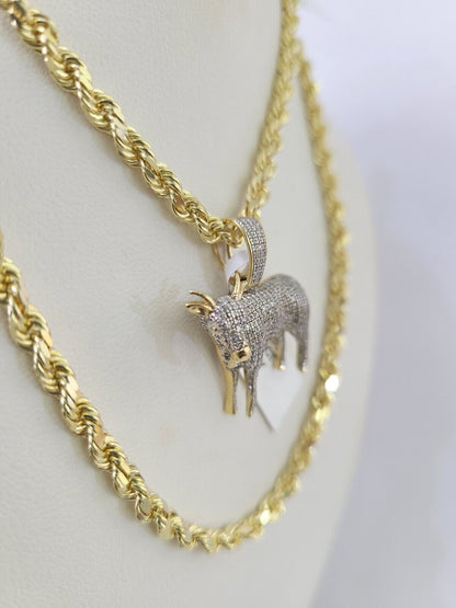 10k Solid Rope Chain Goat Charm Diamond Set 4mm 20" - 28" Necklace Gold Yellow - GoldenlinQ