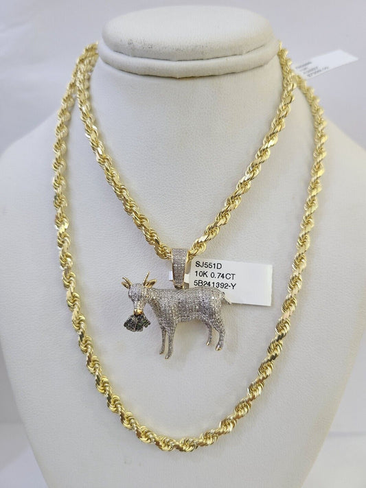 10k Solid Rope Chain Goat Charm Diamond Set 4mm 20" - 28" Necklace Gold Yellow - GoldenlinQ