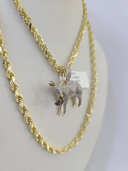 10k Solid Rope Chain Goat Charm Diamond Set 4mm 20" - 28" Necklace Gold Yellow - GoldenlinQ