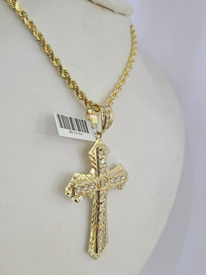 10k Solid Rope Chain Jesus Cross Charm Set 4mm 18" - 28" Necklace Yellow Gold - GoldenlinQ