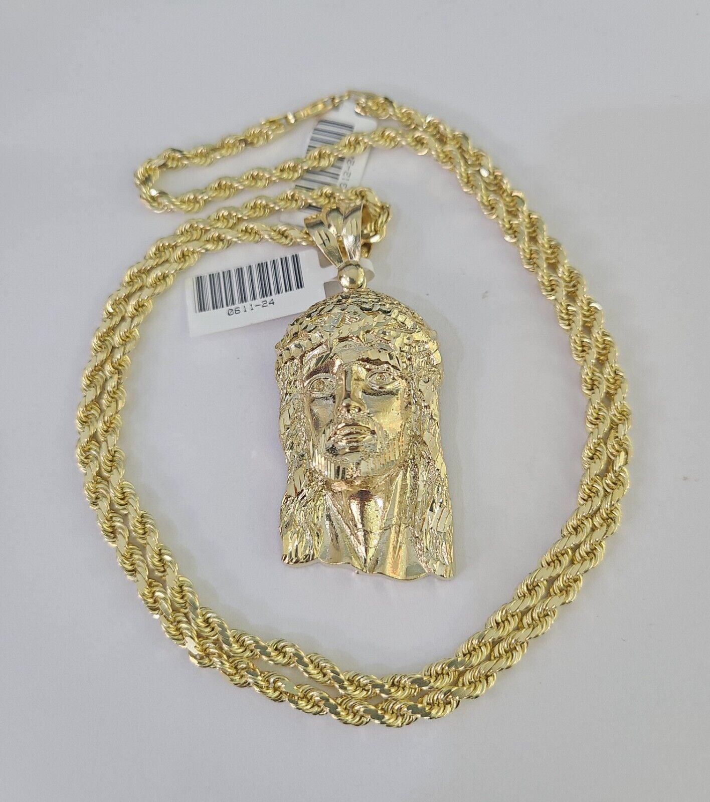 10k Solid Rope Chain Jesus Head Charm Set 4mm 20" - 28" Necklace Gold Yellow - Reva Jeweler
