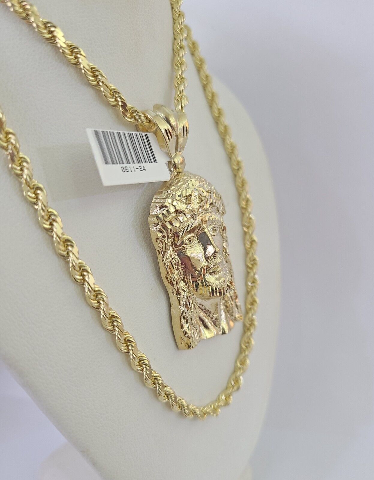 10k Solid Rope Chain Jesus Head Charm Set 4mm 20" - 28" Necklace Gold Yellow - Reva Jeweler