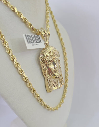 10k Solid Rope Chain Jesus Head Charm Set 4mm 20" - 28" Necklace Gold Yellow - Reva Jeweler