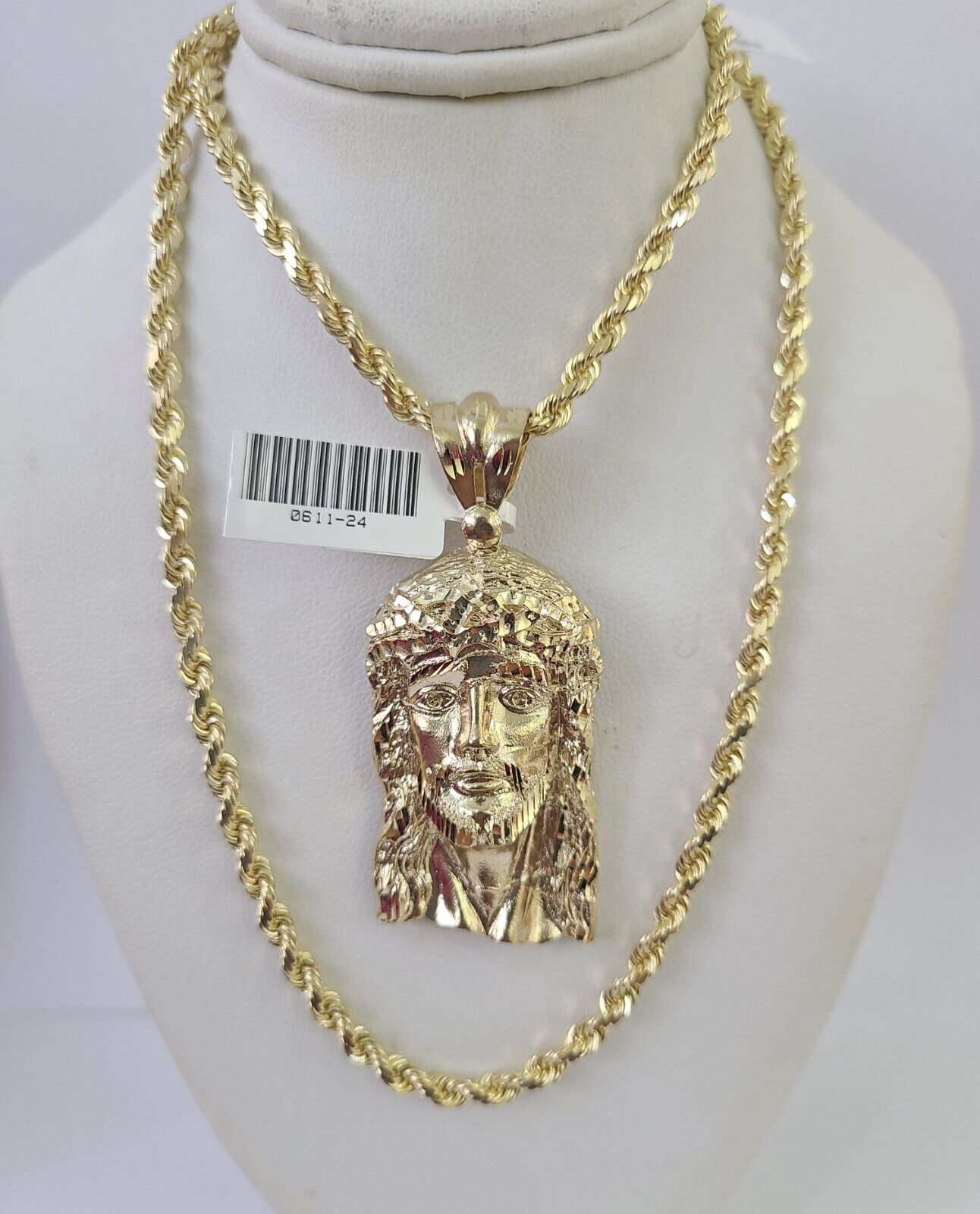 10k Solid Rope Chain Jesus Head Charm Set 4mm 20" - 28" Necklace Gold Yellow - Reva Jeweler